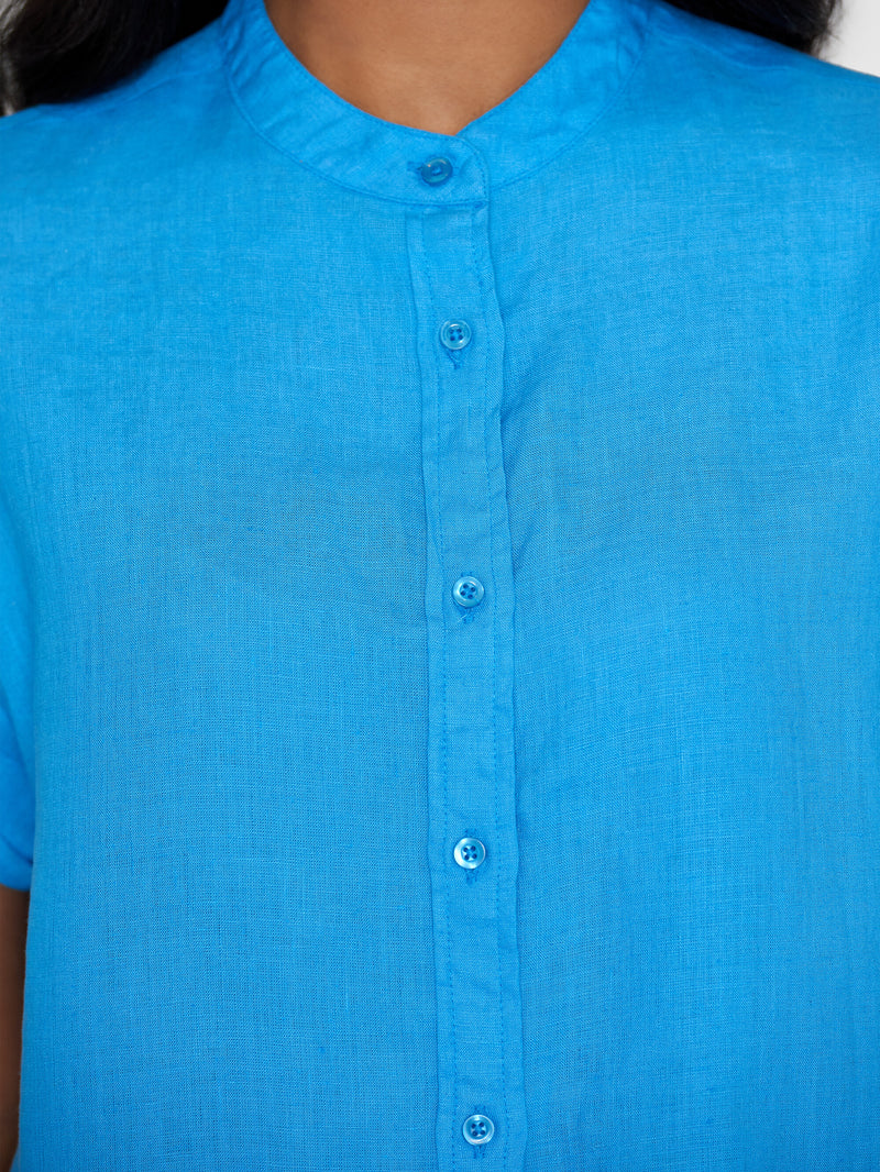 KnowledgeCotton Apparel - WMN Collar stand short sleeve linen shirt Shirts 1445 Malibu Blue